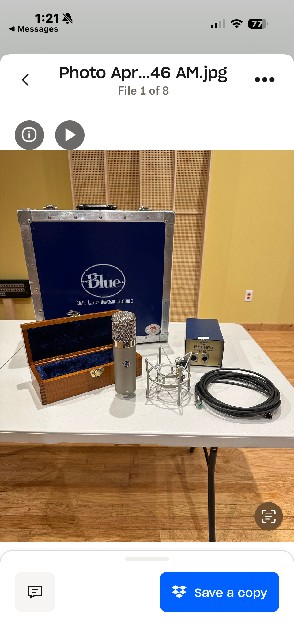 Neumann U47 Refurbished Large Diaphragm Tube Condenser Microphone with wooden box, power supply, shockmount, and flight case