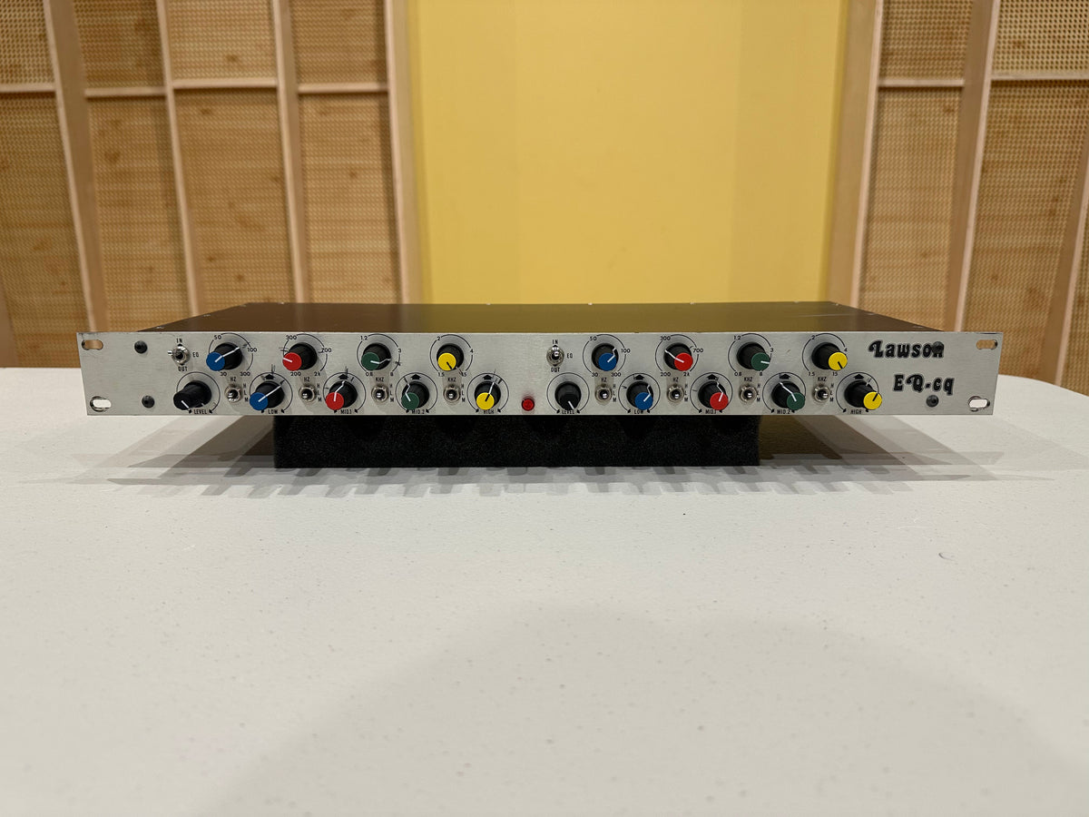 Lawson E·Q-eq stereo equalizer front panel with color-coded knobs